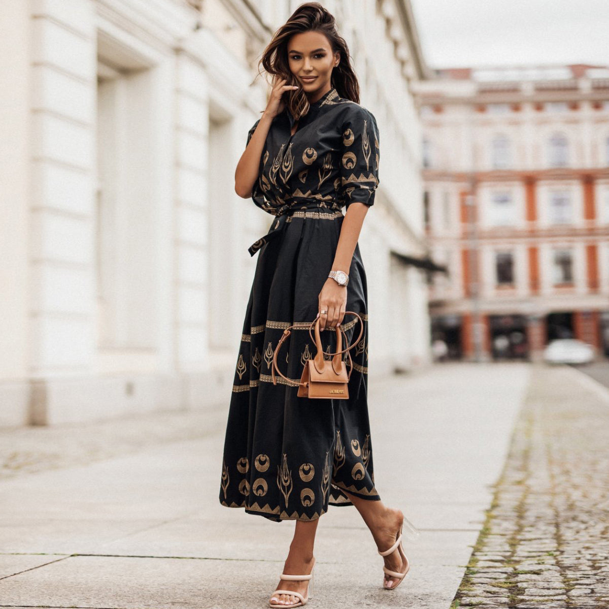 Women's Printed Short Sleeve Single-Breasted Casual Midi Dress