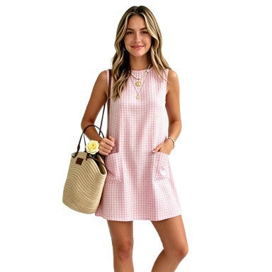 Women's Casual Summer Plaid Sleeveless Round Neck Pocket Back Zip Dress