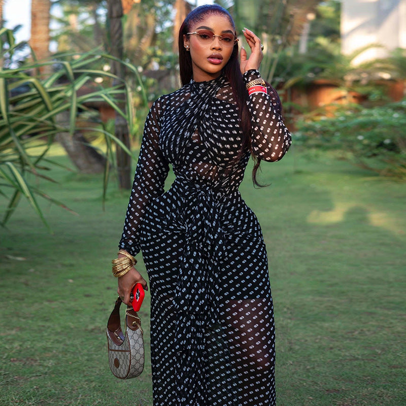 Women's Polka Dot High Neck Long Sleeve Maxi Dress