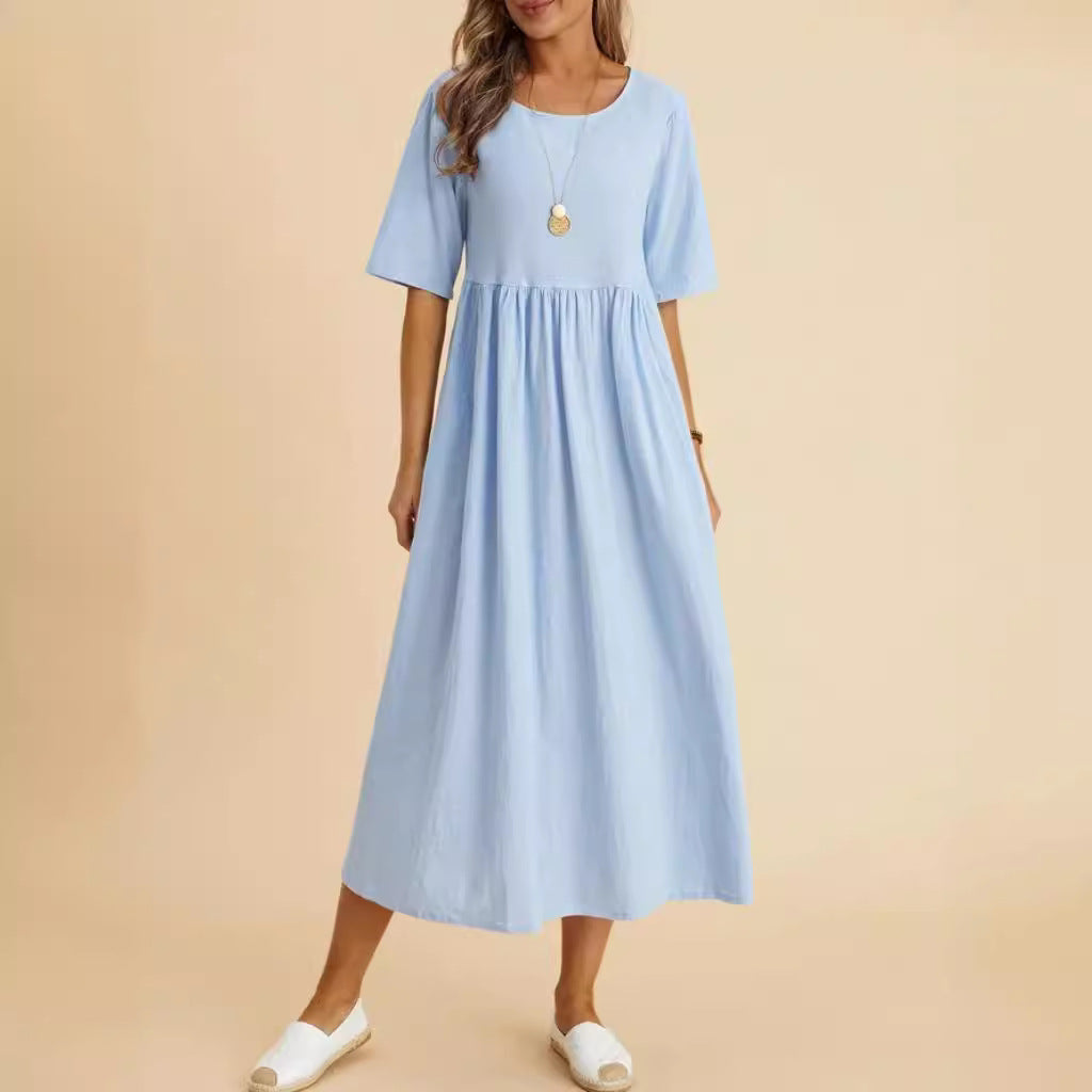Women's Casual Solid Color Cotton Linen Round Neck Half Sleeve Loose Dress