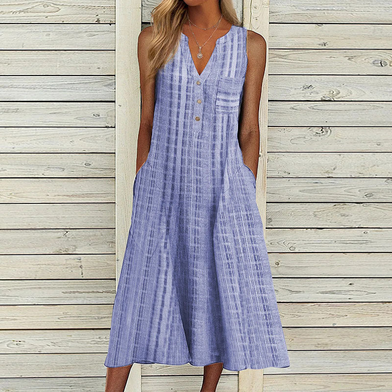 Women's Casual V-Neck Leopard Polka Dot Plaid Print Loose Midi Dress