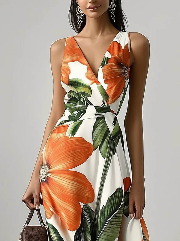 Women's Sexy Floral Printed V-Neck Sleeveless Maxi Dress