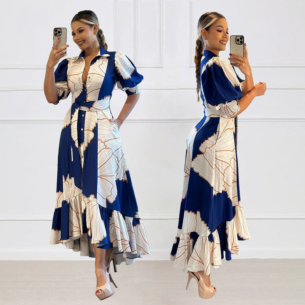 Women's Summer Print Lapel Short Sleeve Irregular Maxi Dress