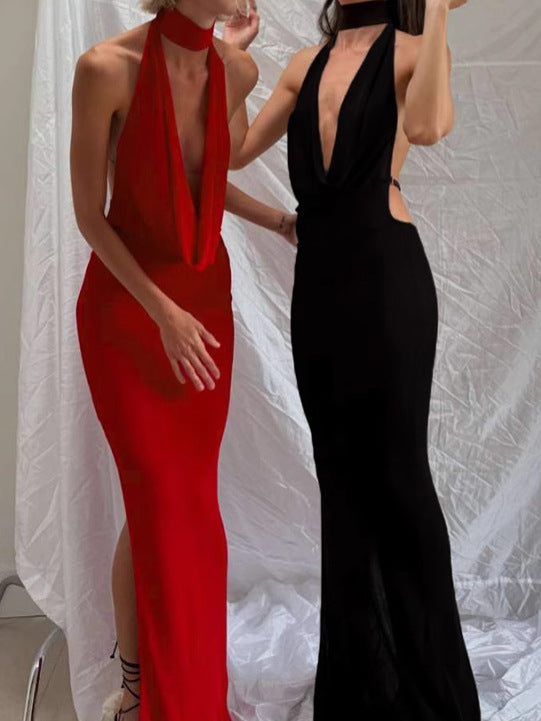 Women's Sexy Backless Halter Neck Slim-Fit Maxi Formal Dress