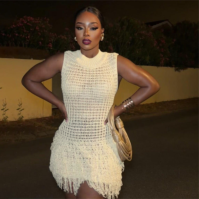 Women's Summer Sexy Sleeveless Tassel Hollow Slim-Fit Elegant Knitted Dress