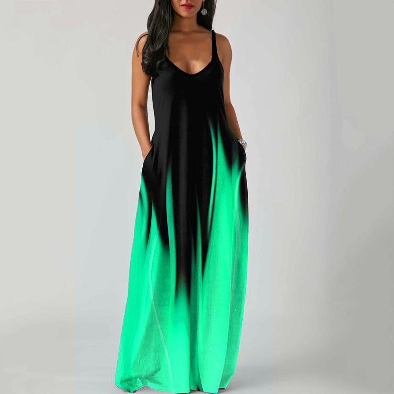 Women's Summer Plus Size Gradient Color Print Deep V-Neck Sleeveless Loose Dress