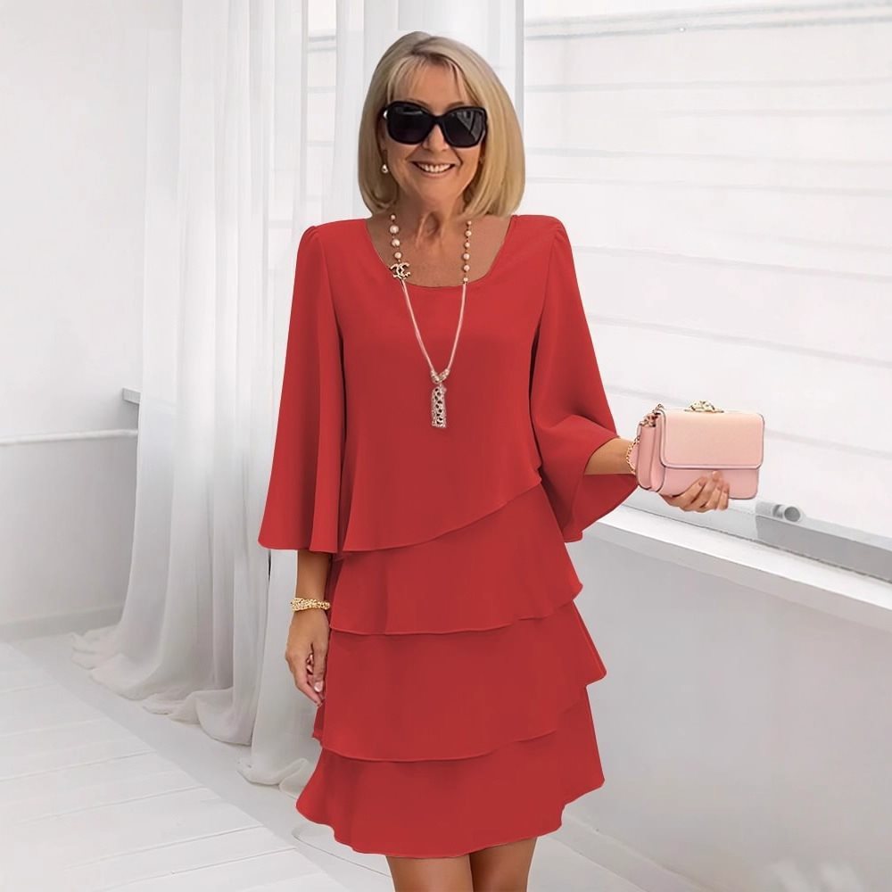 Women's Spring and Summer Solid Color Round Neck Long Sleeve Layered Dress