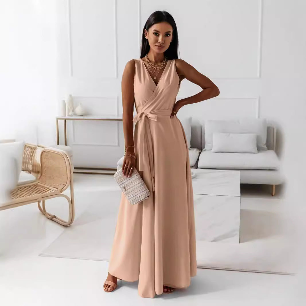 Women's Casual Summer Solid Color Lace-Up V-Neck Sleeveless Long Dress
