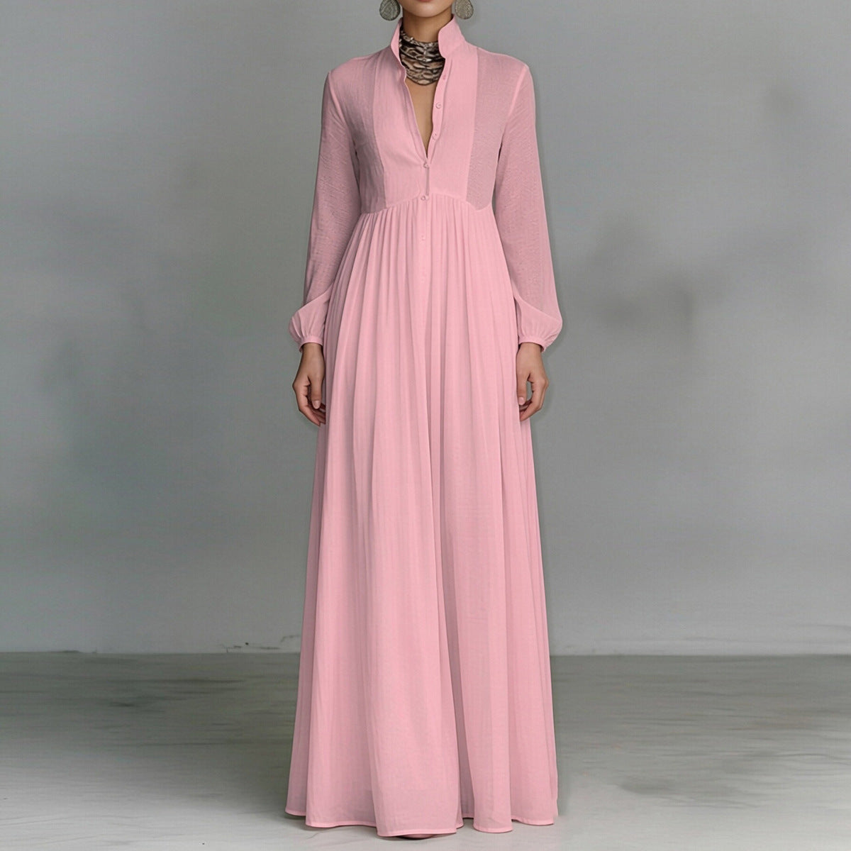 Women's Casual Summer Solid Color Collar Waist Long Sleeve Loose Dress