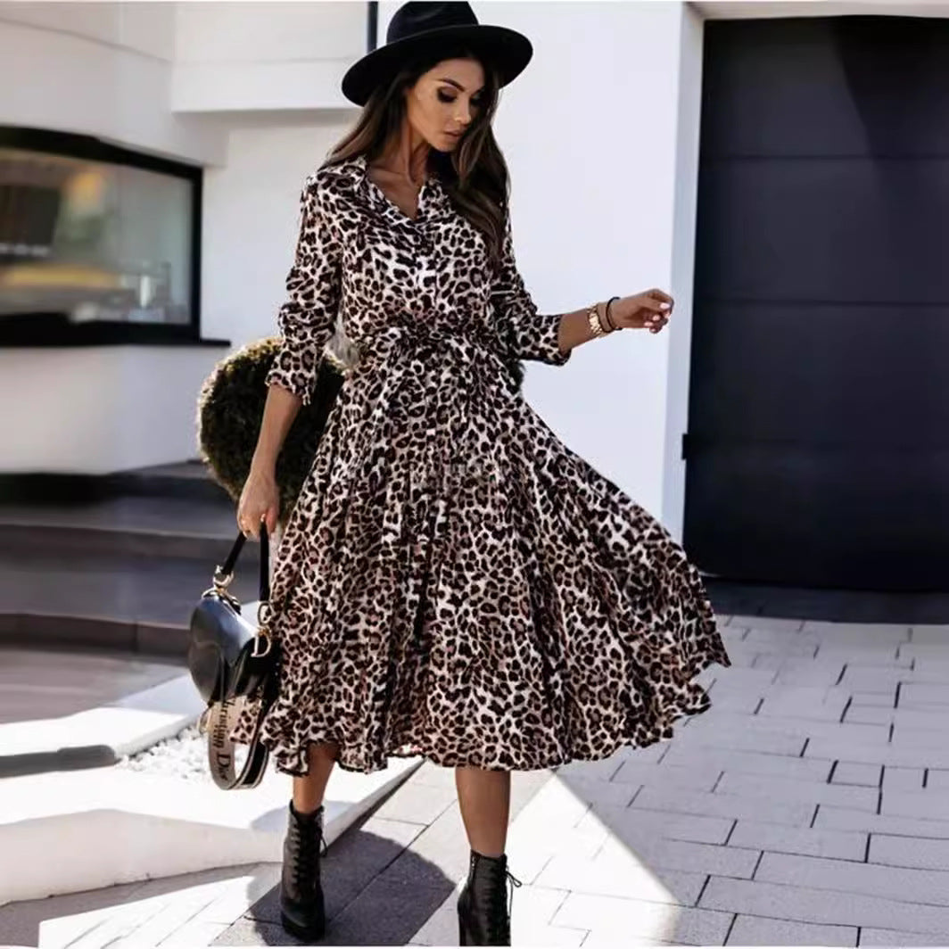 Women's Autumn Winter Long Sleeve Leopard Print Casual Midi Dress