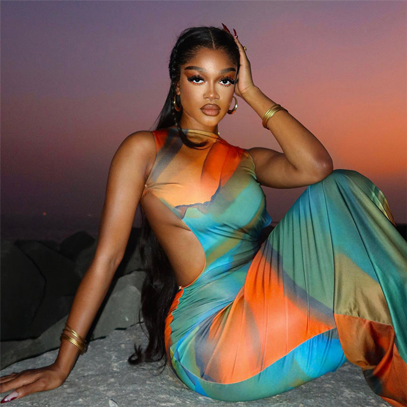 Women's Summer Printed Round Neck Sleeveless Cutout Backless Tight Maxi Dress