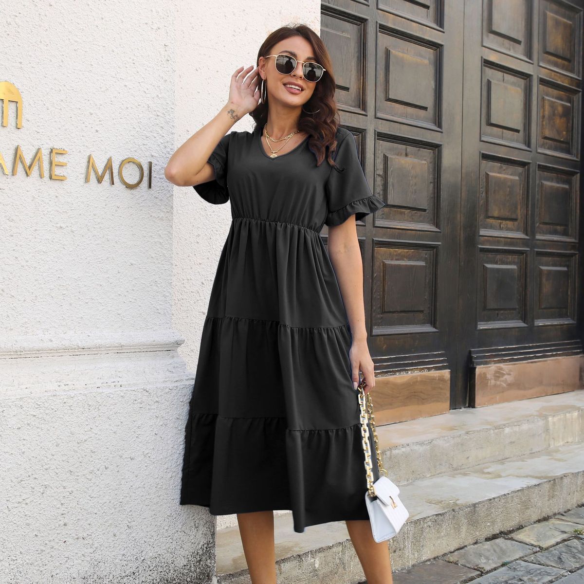 Women's Casual Summer Solid Color V-Neck Short Sleeve Ruffled Layered Dress