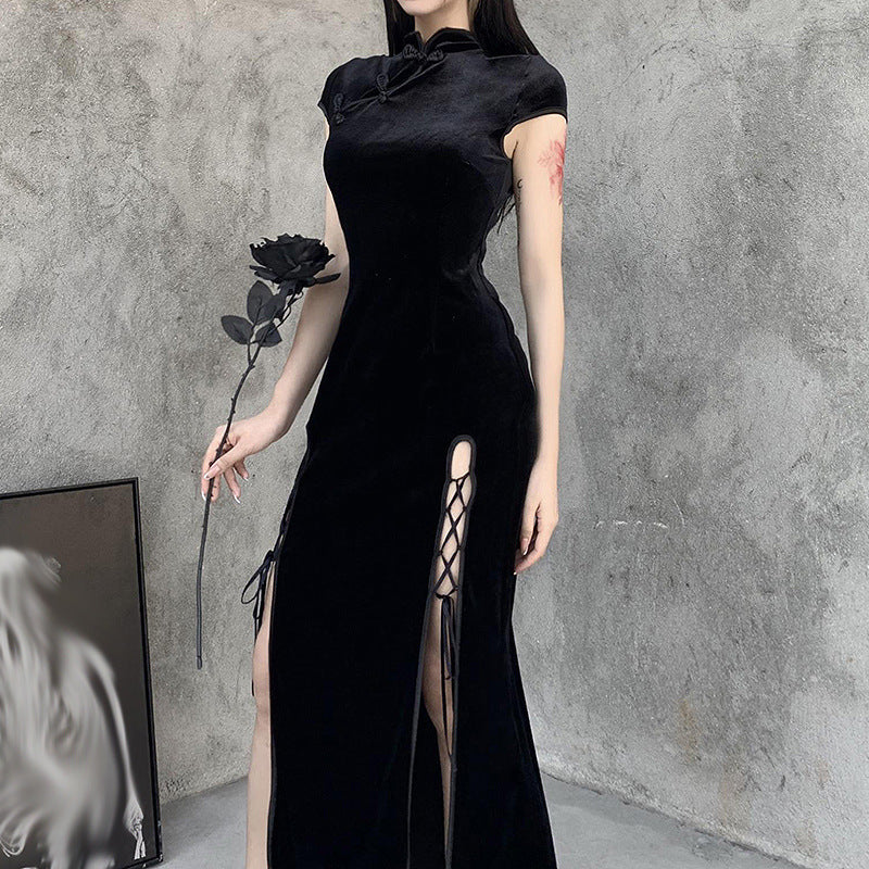 Women's Sexy Dark Gothic Split Strap Cheongsam Dress