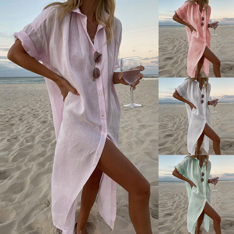 Women's Casual Cotton Linen Shirt Maxi Dress, Solid Color