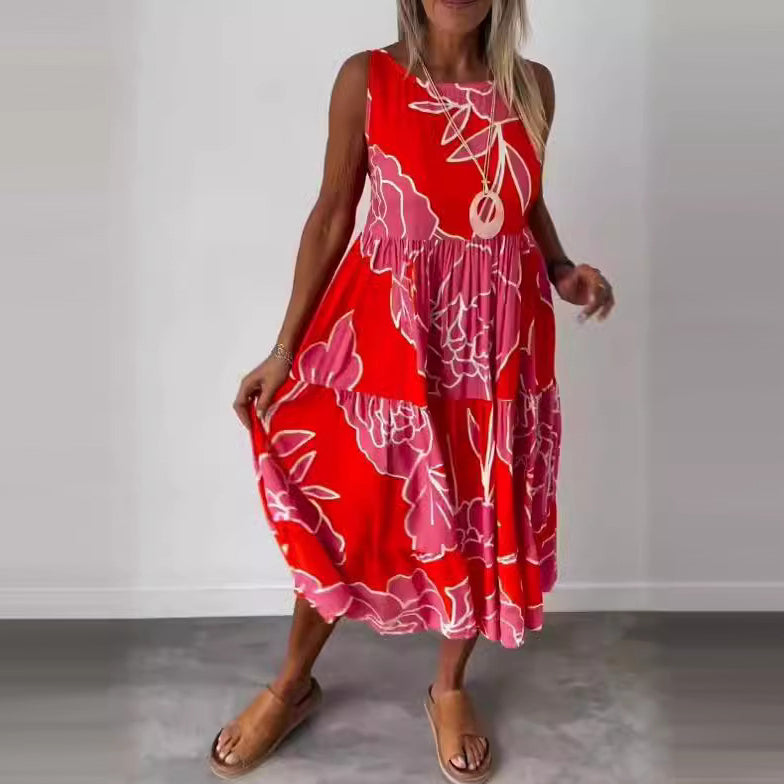 Women's Summer Casual Sling Style Geometric Print Sleeveless Long Dress