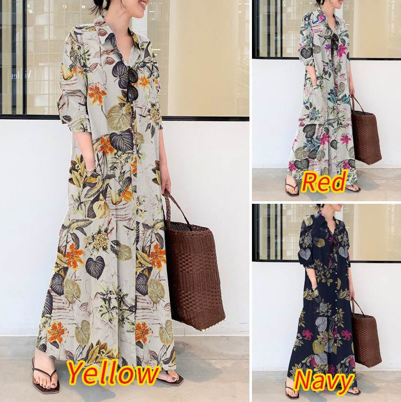 Women's Casual Floral Print Lapel Long Sleeve Shirt Maxi Dress