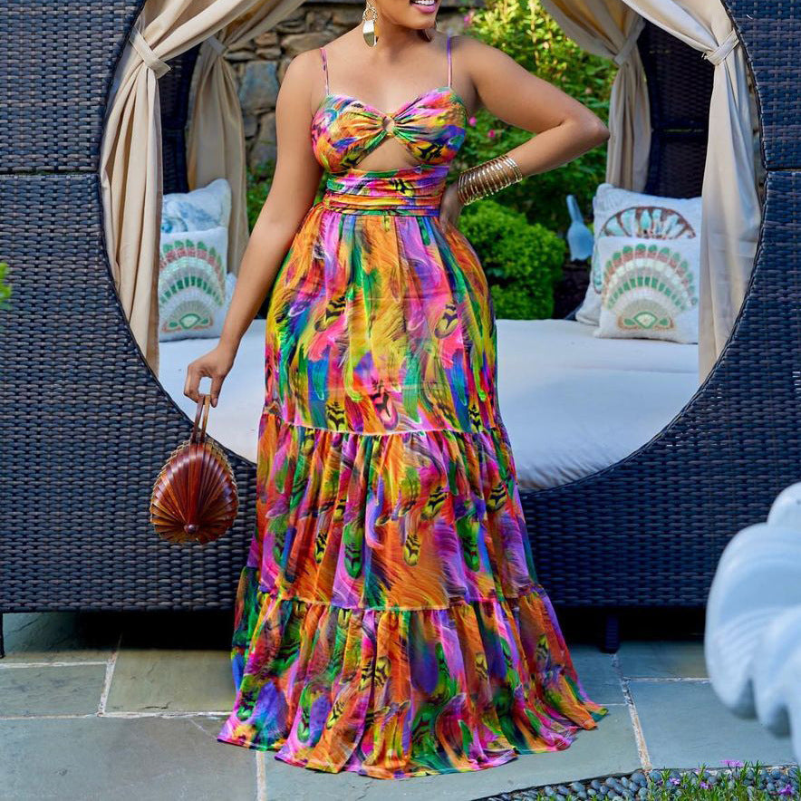 Women's Sexy Plus Size Printed Spaghetti Strap Backless Long Dress