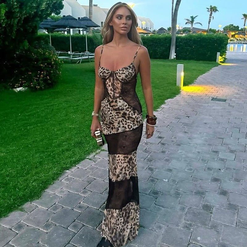 Women's Sexy Leopard Print Lace See-Through Maxi Dress