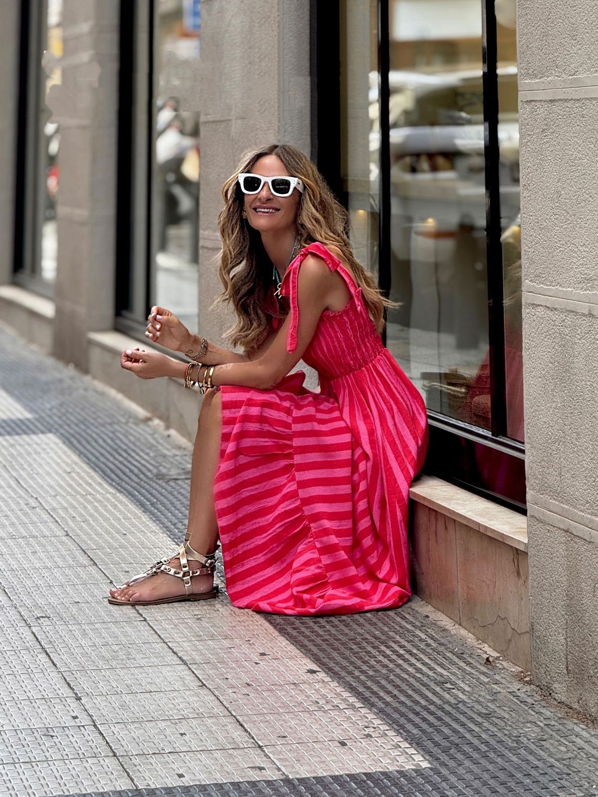 Women's Casual Summer Stripe Print Lace-Up Waisted A-Line Dress