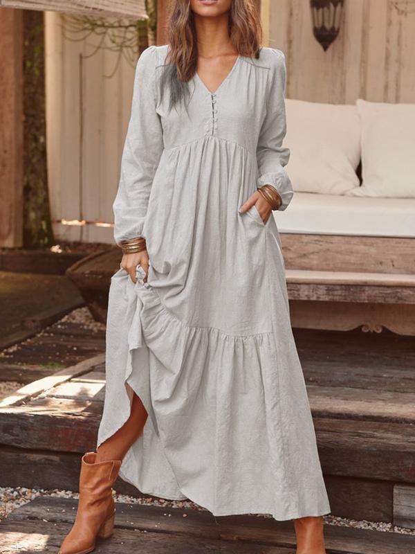 Women's Autumn Winter Cotton Linen Retro Casual Long Sleeve Loose Maxi Dress