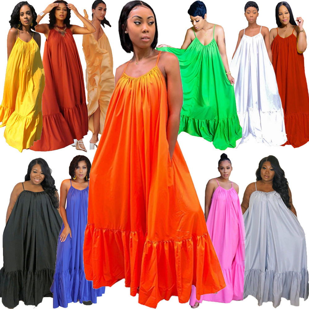 Women's Summer Loose Solid Color Sling Maxi Dress, with Pile