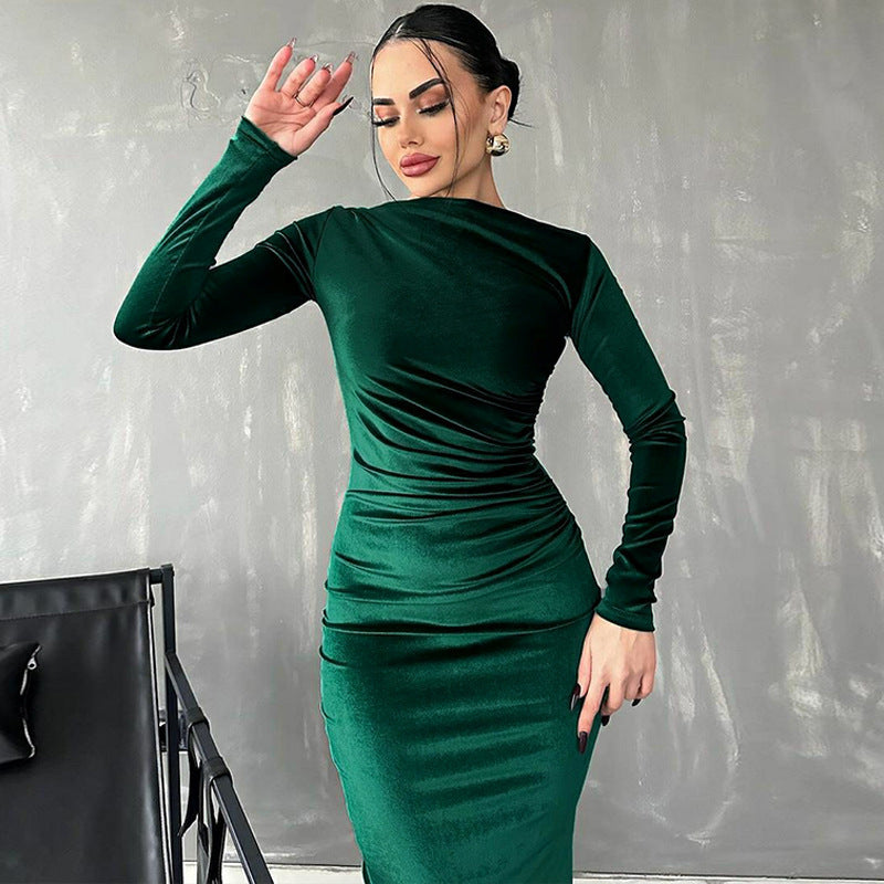 Women's Solid Color Pleated Long Sleeve Bodycon Midi Dress