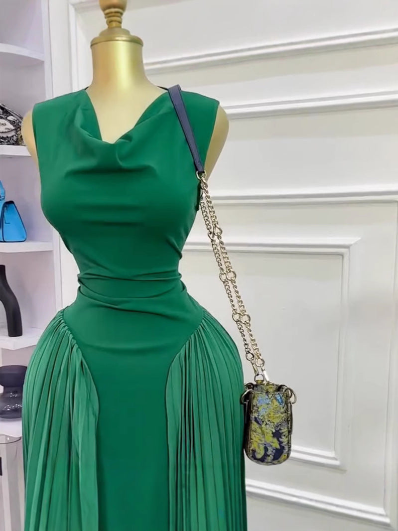 Women's Sexy Solid Color Stitching Sleeveless Pleated Maxi Dress
