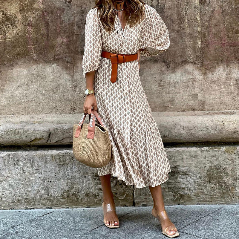 Women's Casual Printed V-Neck Long Sleeve Loose Midi Dress