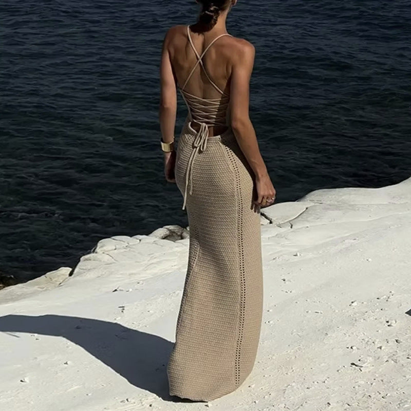Women's Sexy Backless Hollow Knitted Dress, Solid Color