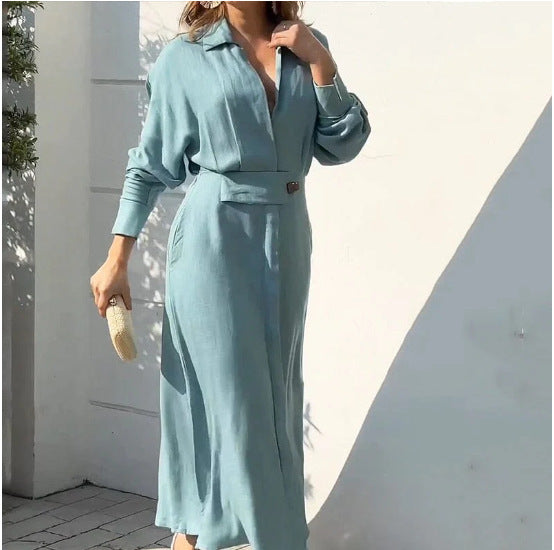 Women's Elegant Solid Color Lapel Long Sleeve Slim-Fit Midi Dress