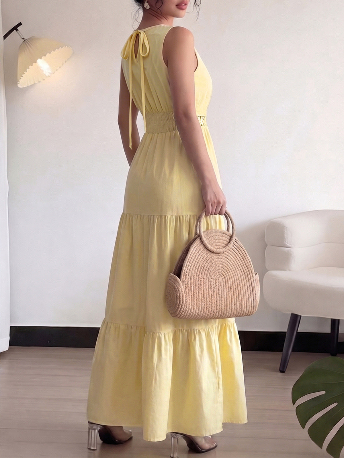Women's Casual Spring and Summer Solid Color Sleeveless Lace-Up A-Line Dress