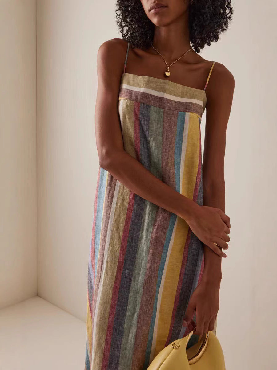 Women's Summer Rainbow Stripe Loose Strap Maxi Dress