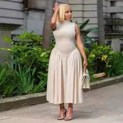Women's Elegant Solid Color Pleated Stitching Sleeveless Loose Midi Dress