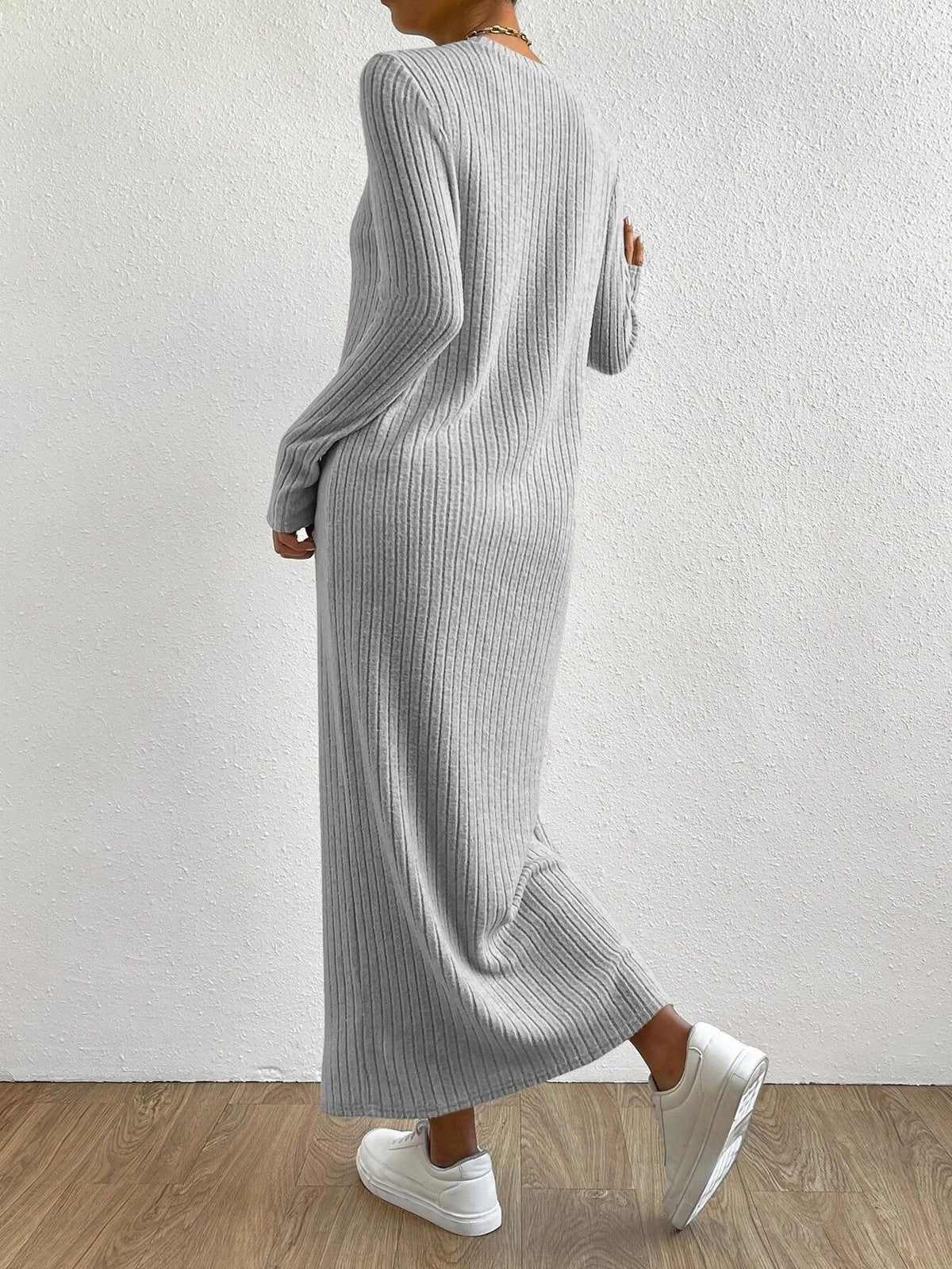 Women's Casual Autumn Winter Solid Color Round Neck Long Sleeve Maxi Dress