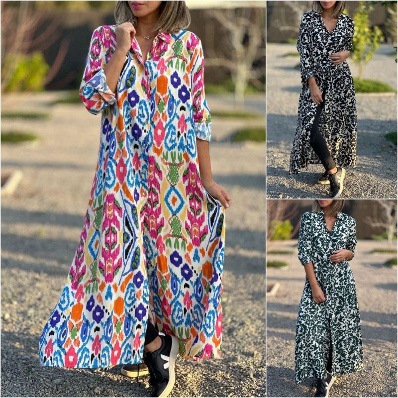 Women's Loose Casual Geometric Print Long Sleeve Shirt Dress, Plus Size
