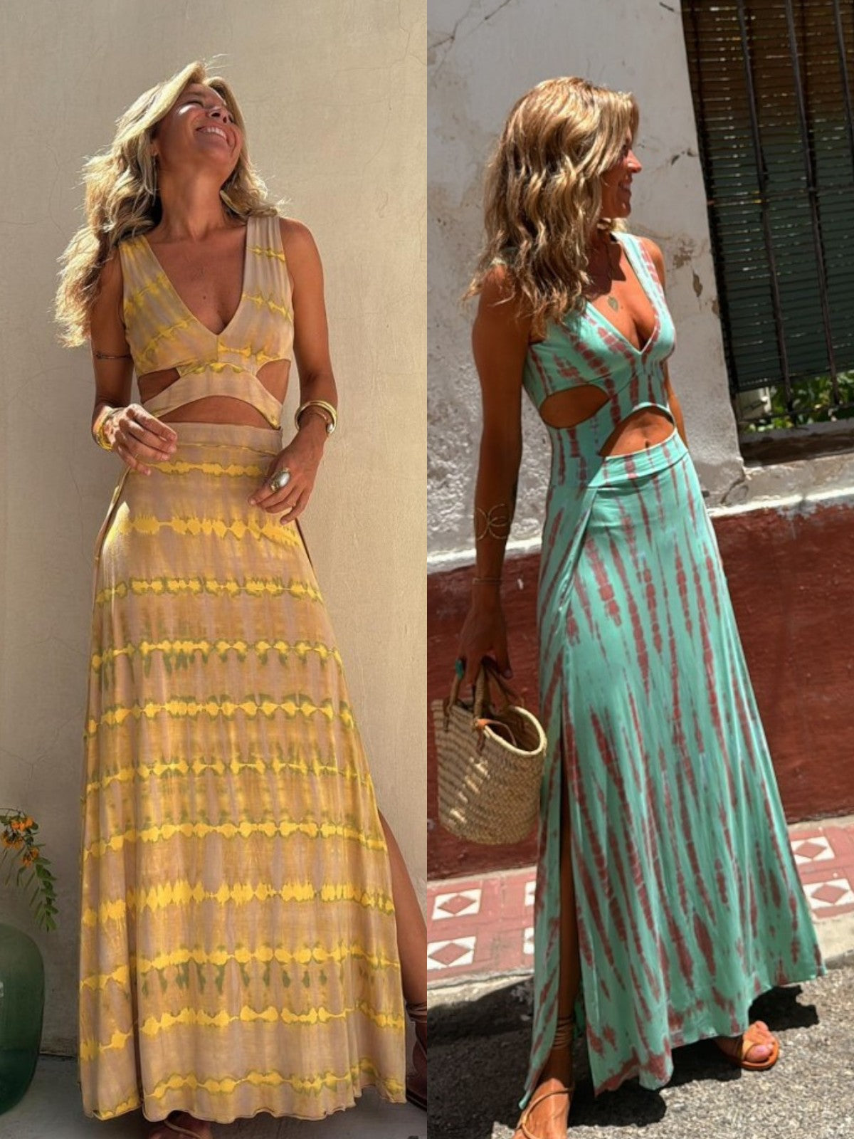 Graphic Print V-Neck Slim-Fit Women Casual Cut Out Maxi Boho Dress