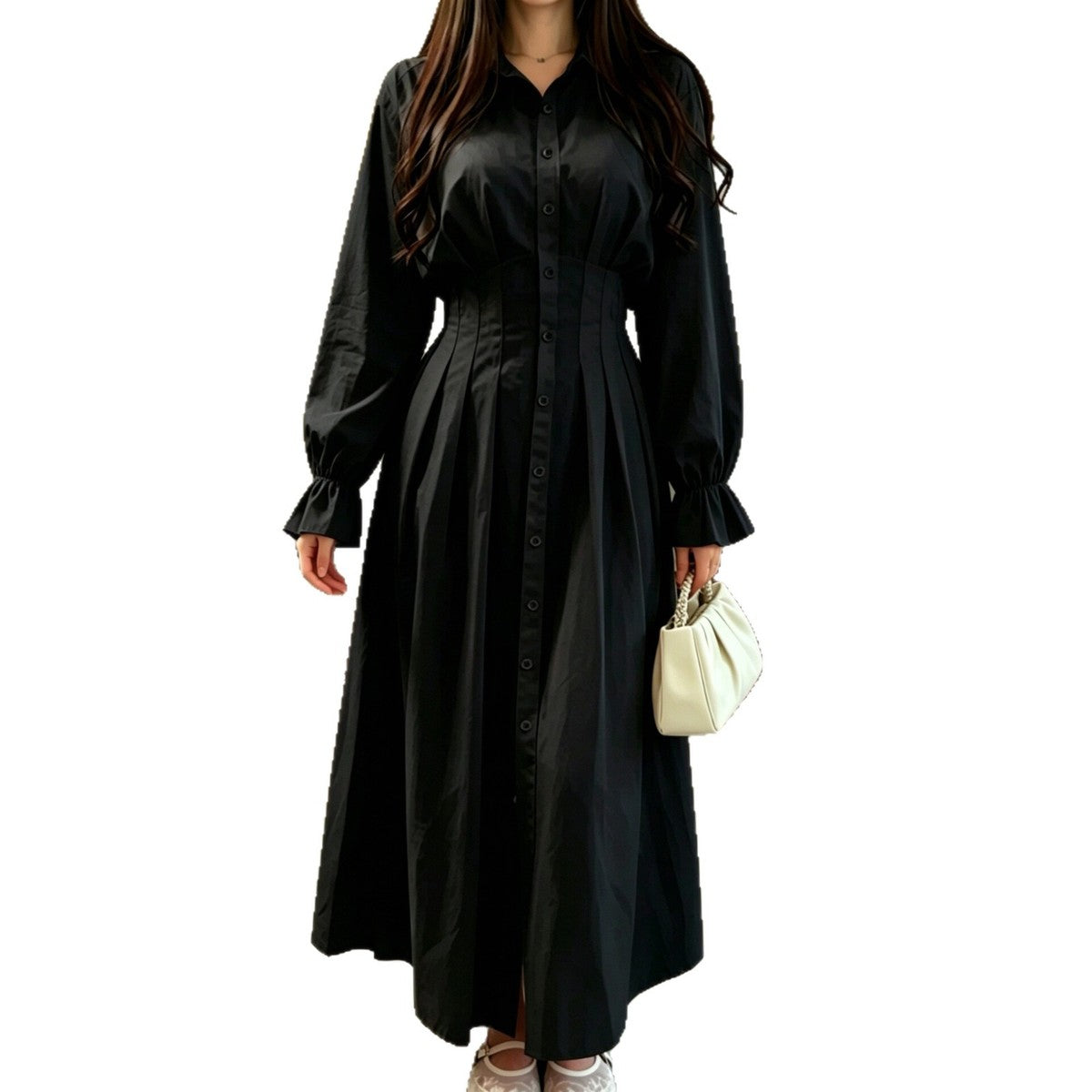 Women's Casual Solid Color Long Sleeve Lapel Single Breasted Office Maxi Dress