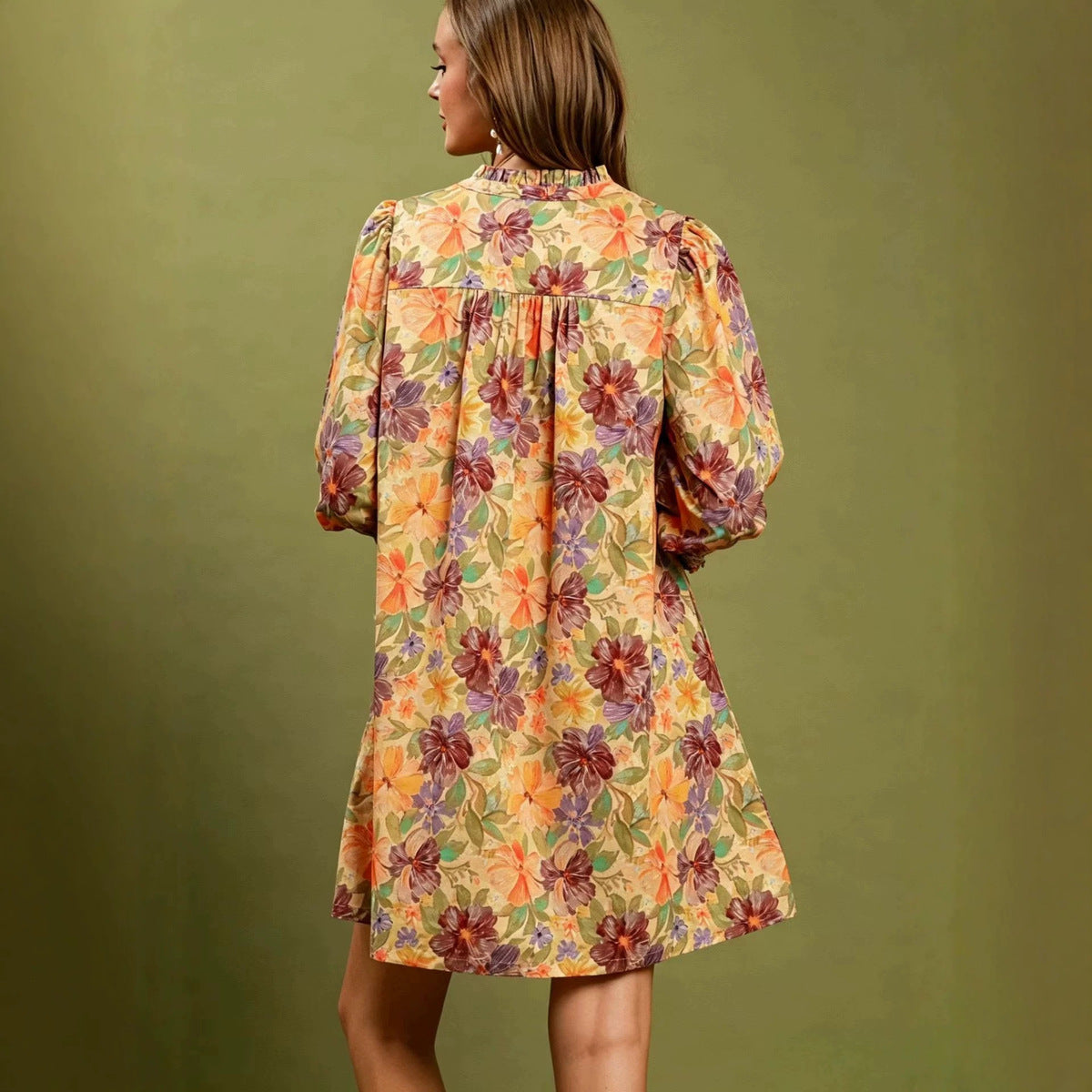 Women's Casual Retro Flower Printed Long Sleeve Loose Dress