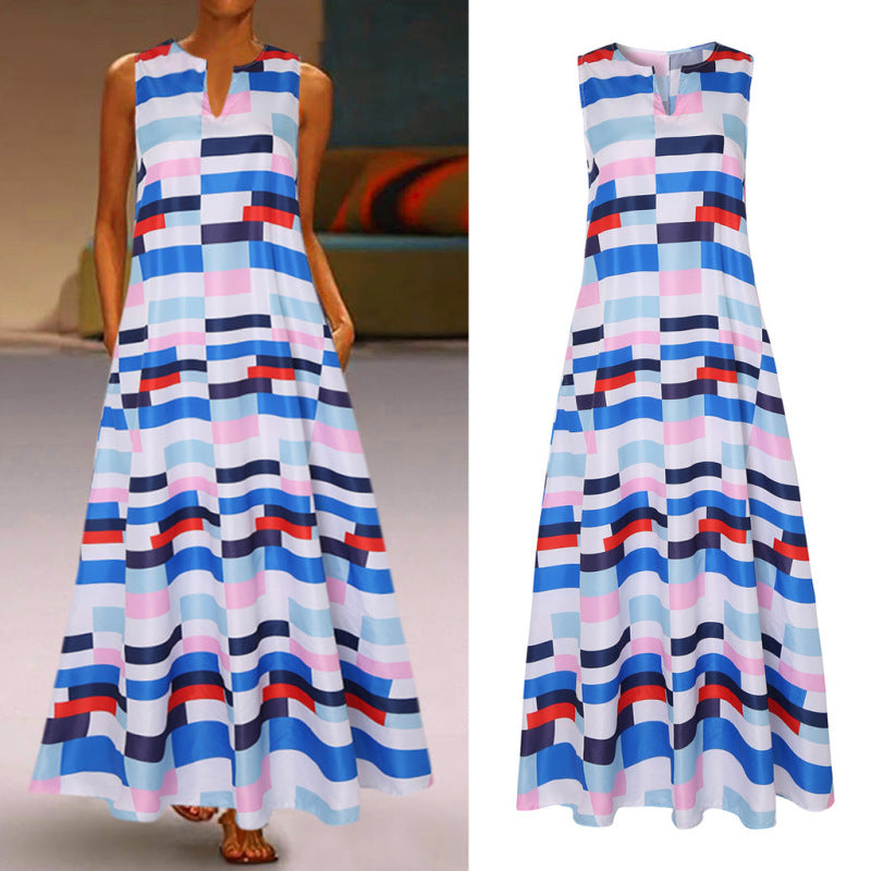 Women's Boho V-Neck Sleeveless Retro Print Color Block Stitching Maxi Dress