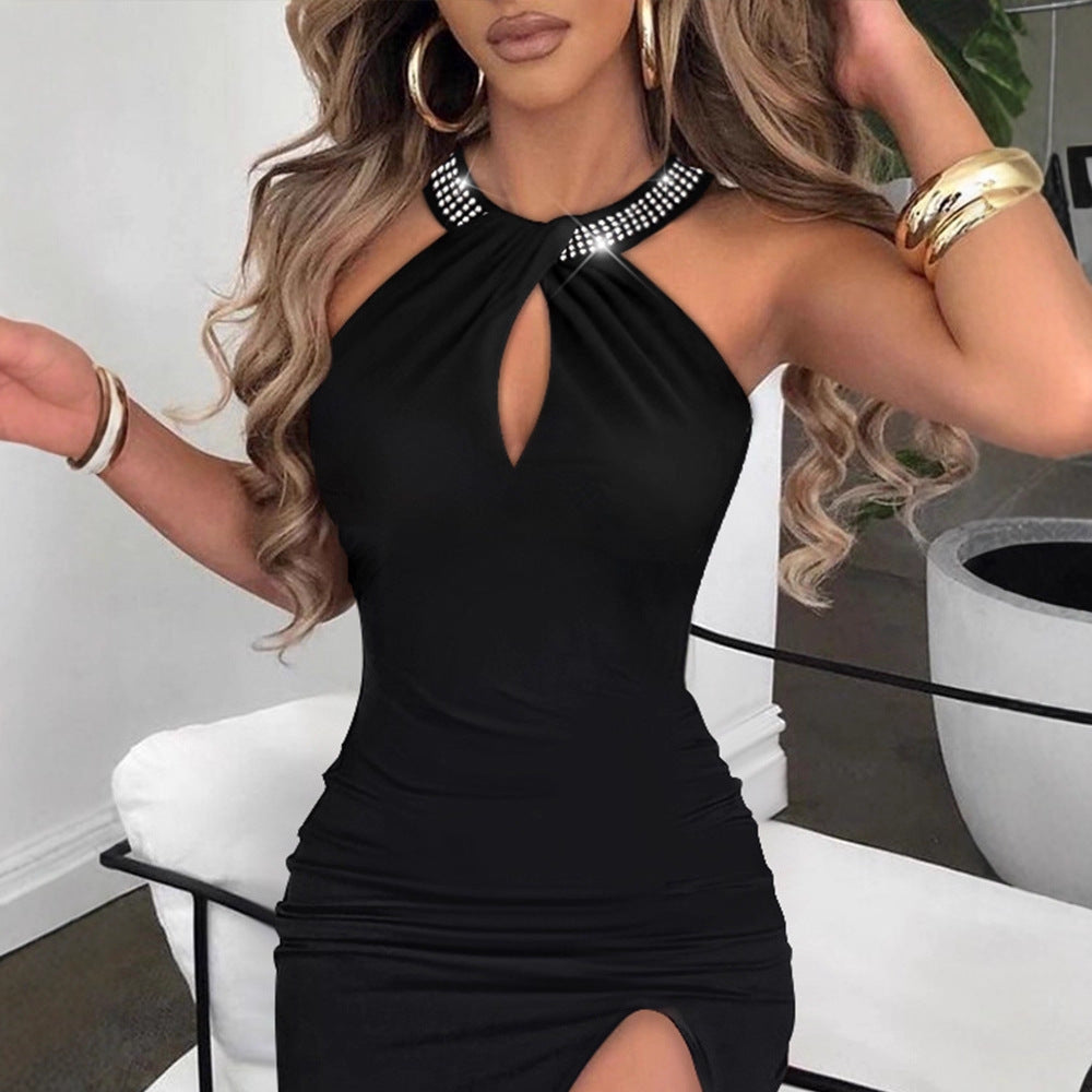 Women's Sexy Solid Color Halter-Neck Sleeveless Split Maxi Dress