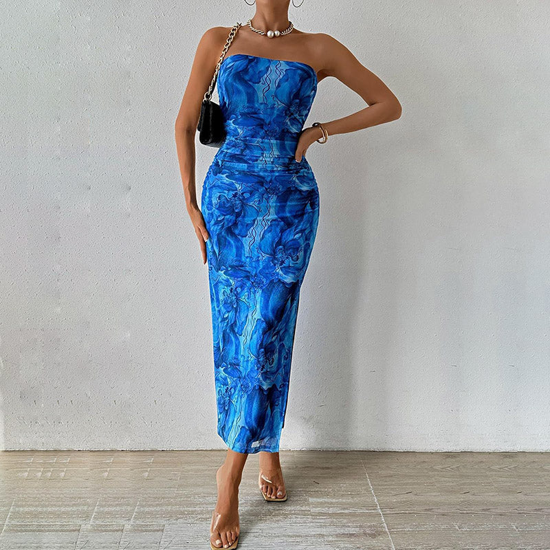 Women's Summer Sexy Graphic Printing Tube Top Split Dress