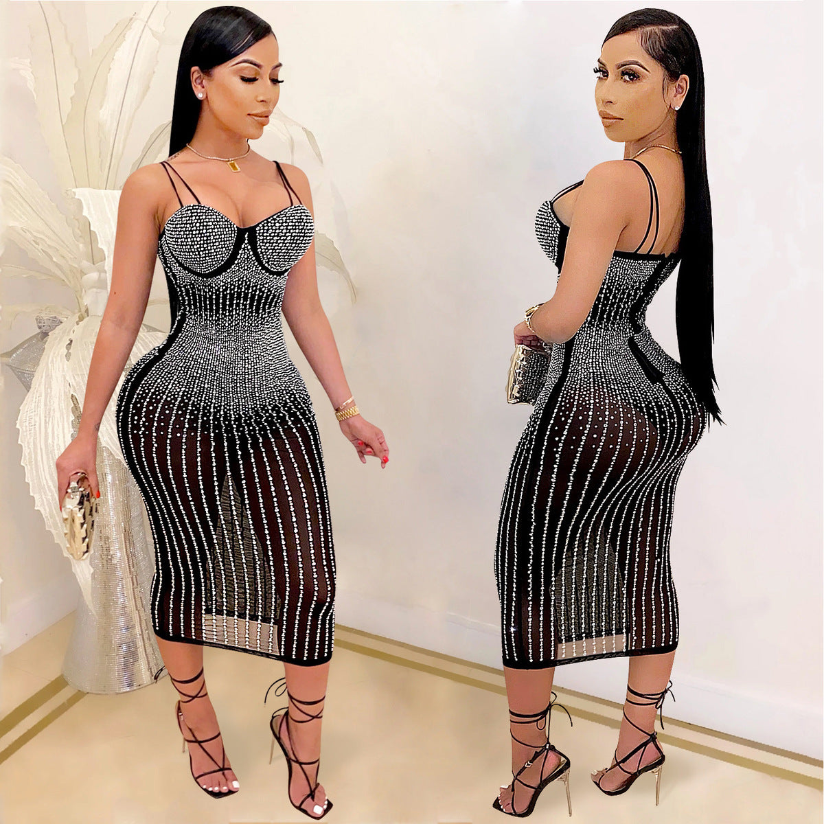 Women's Sexy Mesh Rhinestone Spaghetti Strap Bodycon Dress