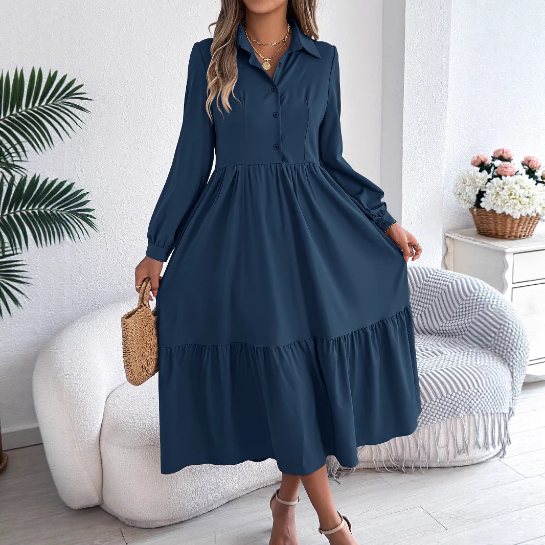 Women's Spring Casual Loose Long Sleeve Ruffled Shirt Dress