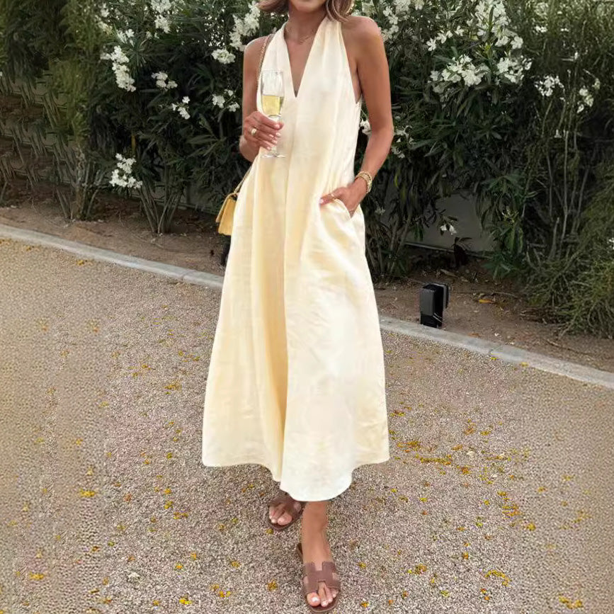 Women's Casual Solid Color V-Neck Sleeveless Pocket Loose Dress
