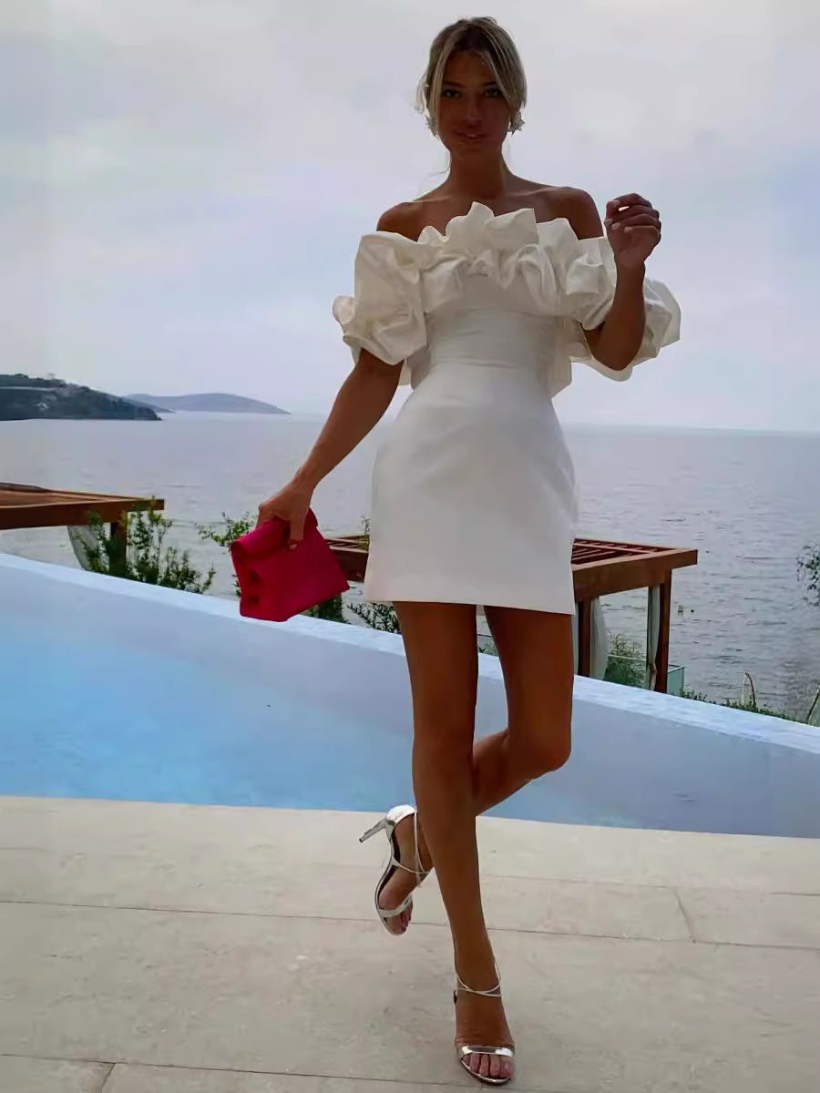 Women's Sexy Solid Color Off Shoulder Ruffled Slim Fit Dress
