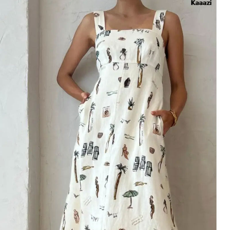 Women's Casual Summer Printed Sleeveless Backless Lace-Up Loose Dress