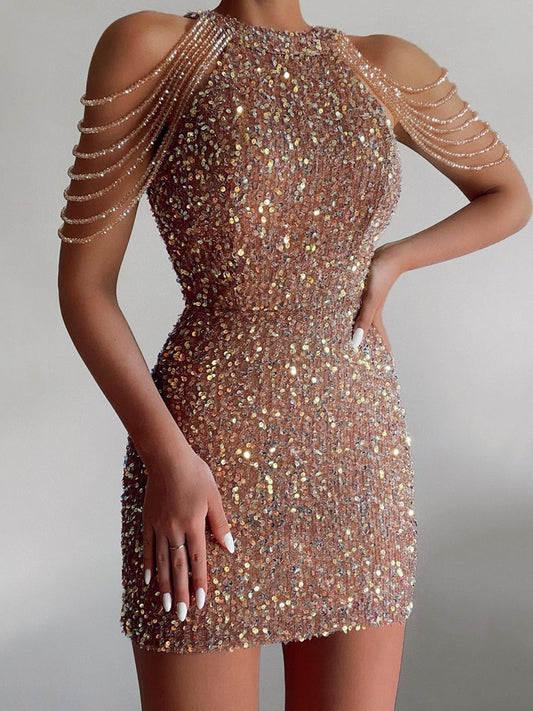 Women's Halter Neck Crystal Tassel Sequin Bodycon Dress