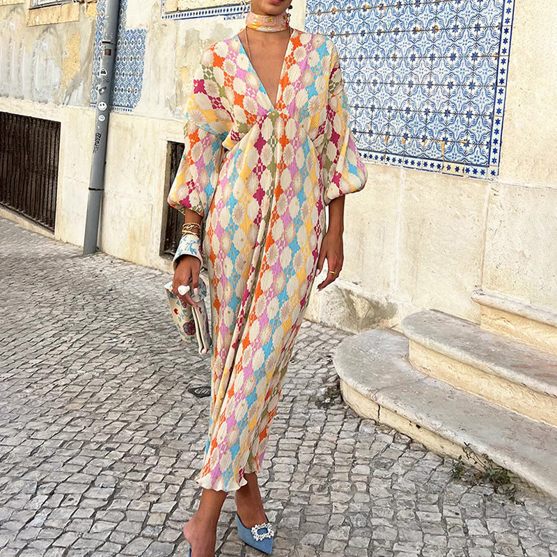 Women's Summer Elegant Geometry Print V-Neck Lantern Half-Sleeve Maxi Dress