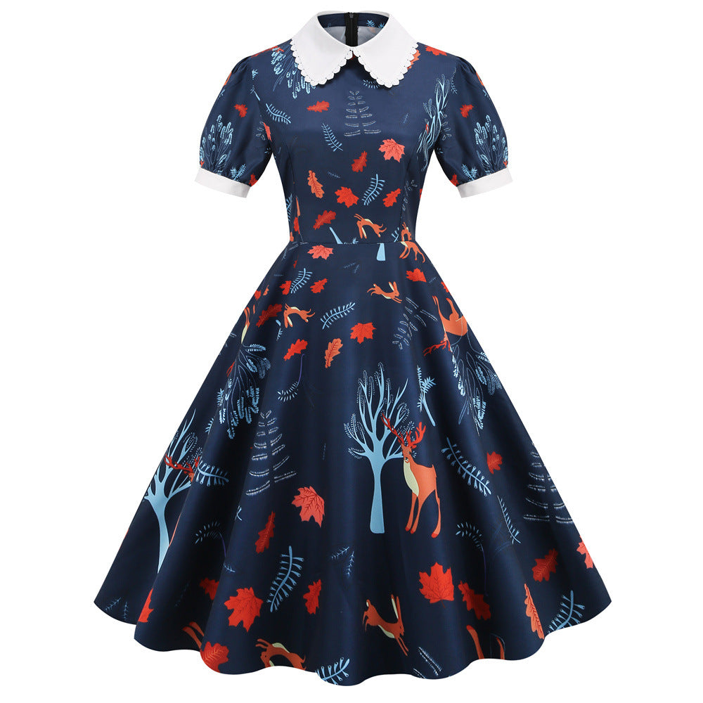 Women's Vintage Summer Floral Printed Short Sleeve Doll Collar Large Swing Dress
