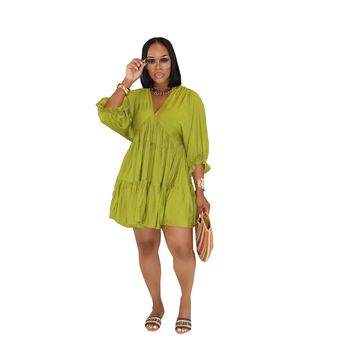 Women's Vacation Casual Solid Color V-Neck Style Mini Dress